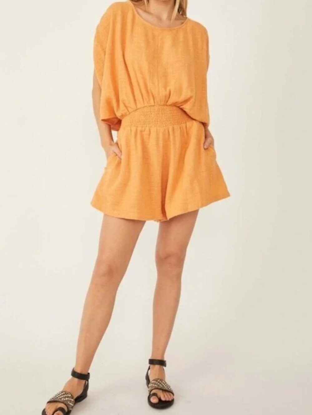 Free People Oversized Cotton Orange Pietro Open Tie-Back Romper - Size - Medium